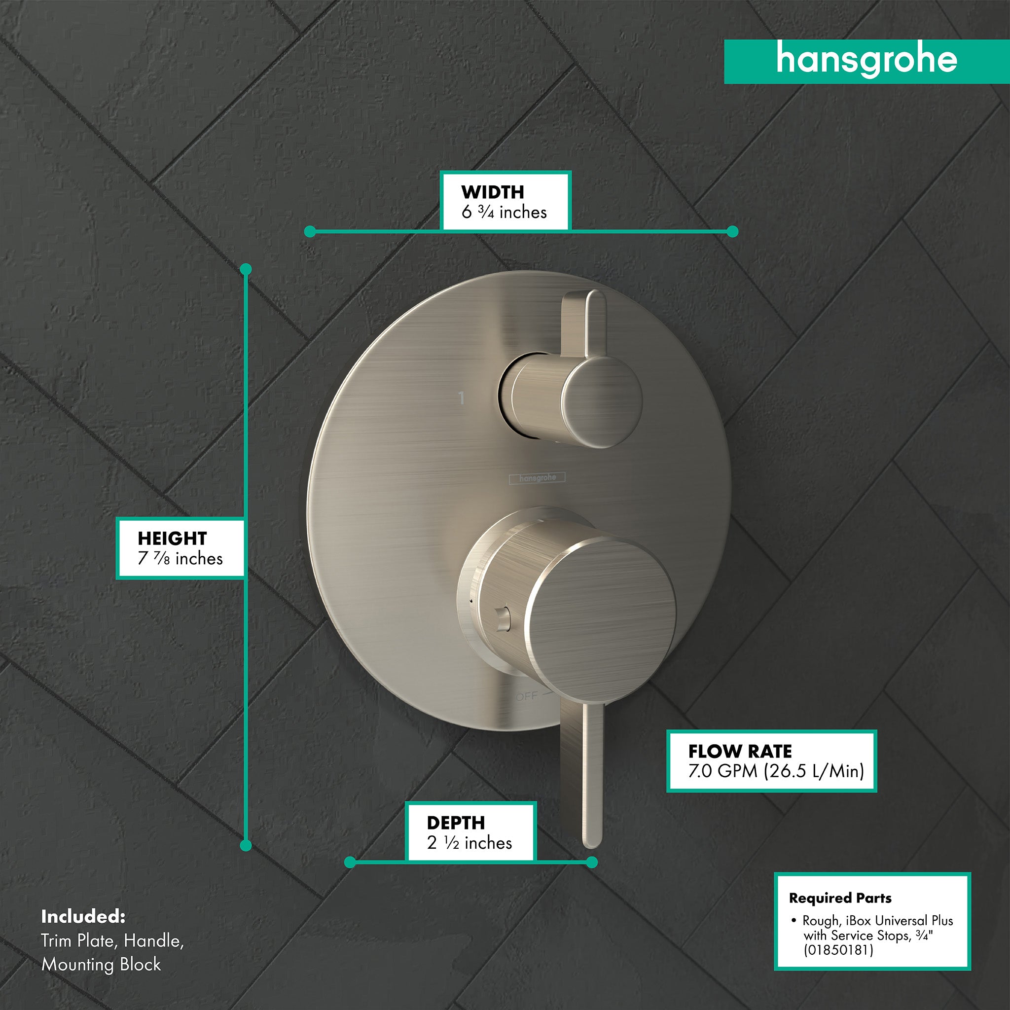 HANSGROHE 04231820 Ecostat Thermostatic Trim S with Volume Control and Diverter - Brushed Nickel