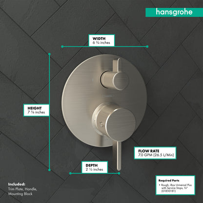 HANSGROHE 04231820 Ecostat Thermostatic Trim S with Volume Control and Diverter - Brushed Nickel