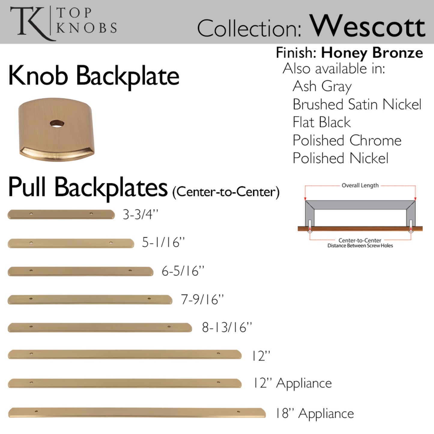 TOP KNOBS TK3277HB Wescott Pull Backplate - Honey Bronze