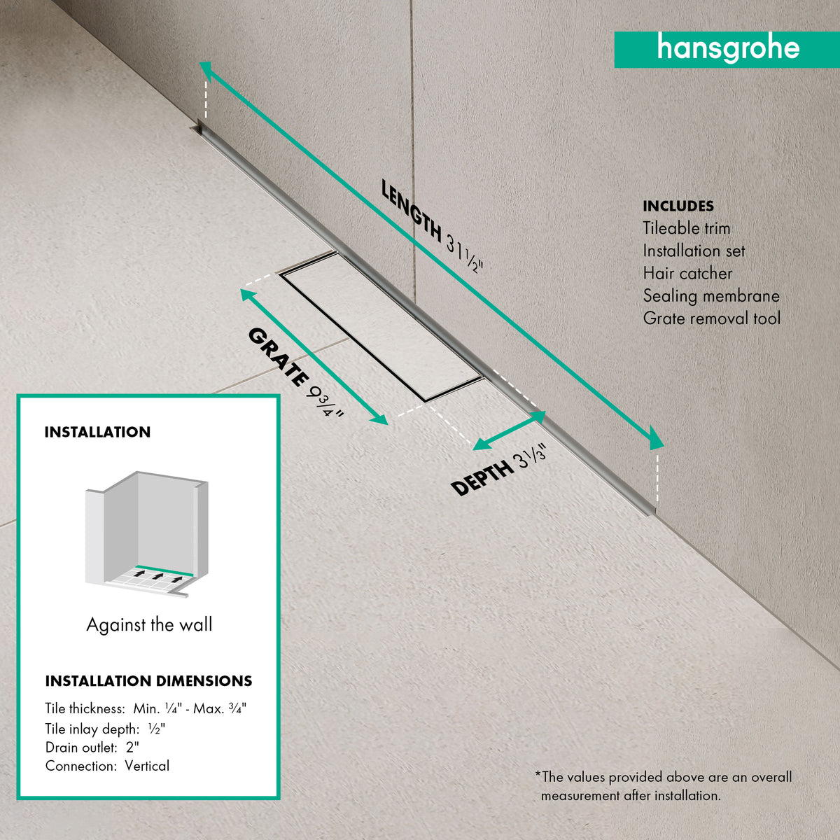 HANSGROHE 56220001 RainDrain Minimalistic Complete Set 2", 31 1/2" Trim and Installation Set - Brushed Stainless Steel