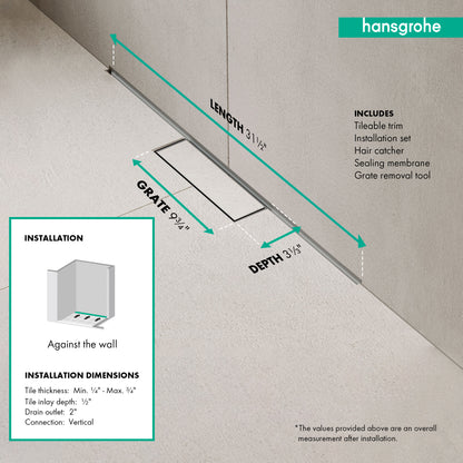 HANSGROHE 56220001 RainDrain Minimalistic Complete Set 2", 31 1/2" Trim and Installation Set - Brushed Stainless Steel