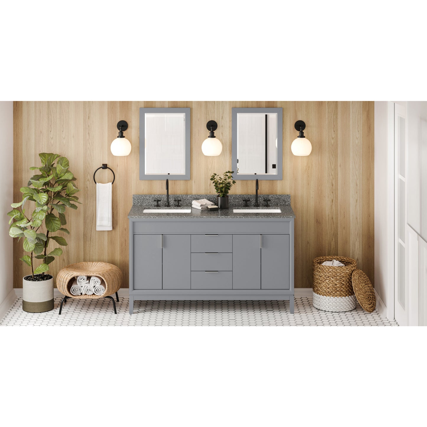 JEFFREY ALEXANDER VKITTHE60GRBOR 60" Grey Theodora Vanity, double bowl, Boulder Cultured Marble Vanity Top, two undermount rectangle bowls , Grey