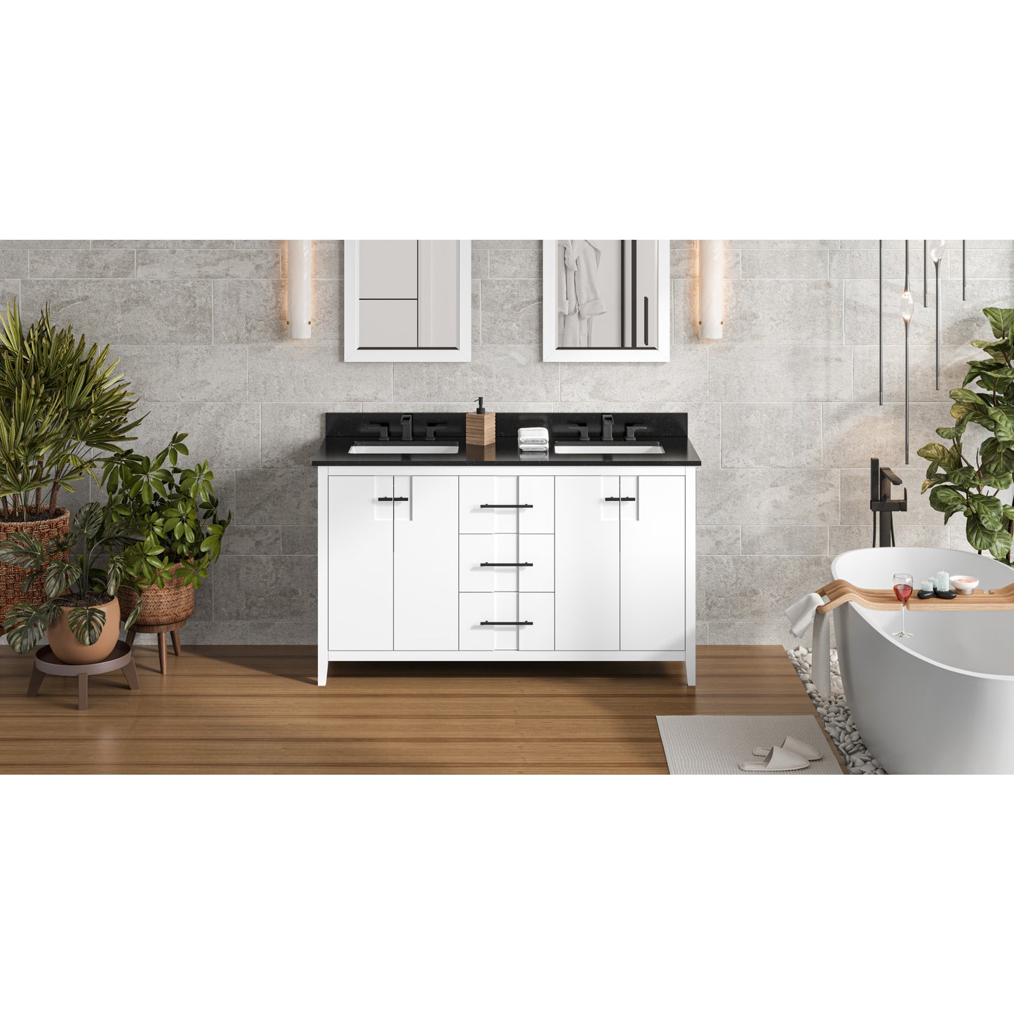 JEFFREY ALEXANDER VKITKAT60WHBGR 60" White Katara Vanity, double bowl, Black Granite Vanity Top, two undermount rectangle bowls , White