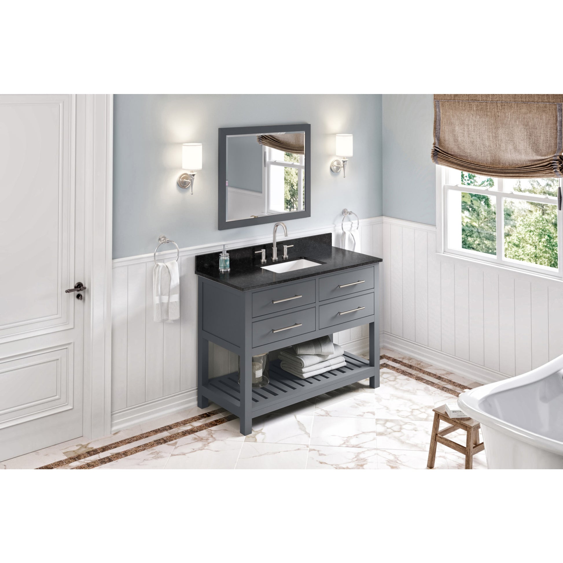 JEFFREY ALEXANDER VKITWAV48GRBGR 48" Grey Wavecrest Vanity, Black Granite Vanity Top, undermount rectangle bowl - Grey