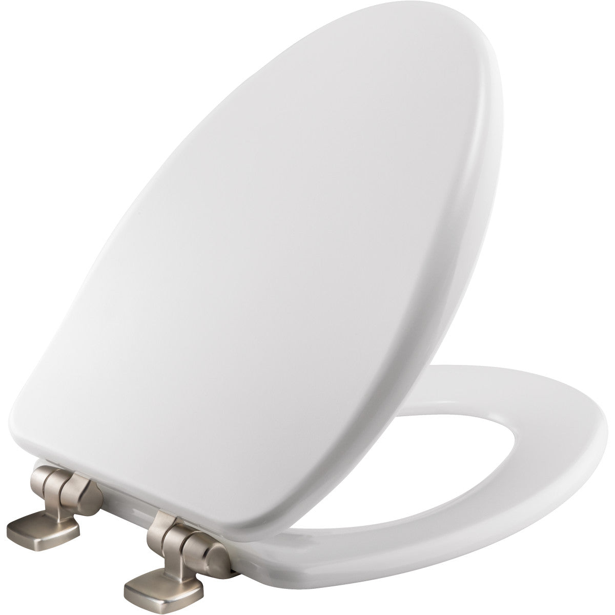 Bemis Alesio Elongated High Density Enameled Wood Toilet Seat in White with STA-TITE Seat Fastening System, Whisper•Close, Precision Seat Fit Adjustable Brushed Nickel Hinge and Super Grip Bumpers