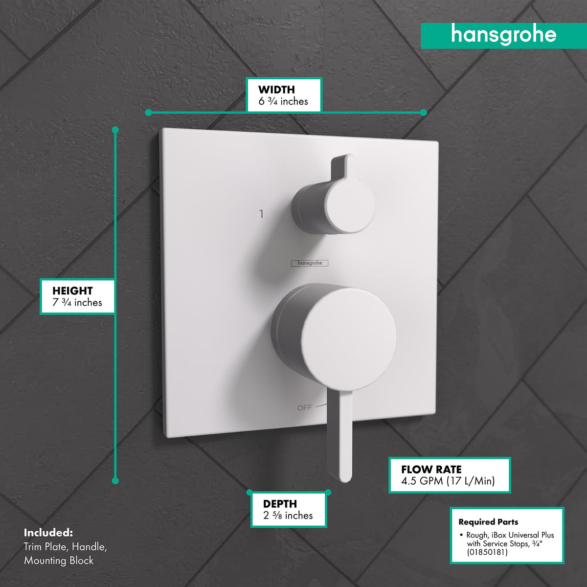 HANSGROHE 15862701 Ecostat Pressure Balance Trim Square with Diverter - Matte White