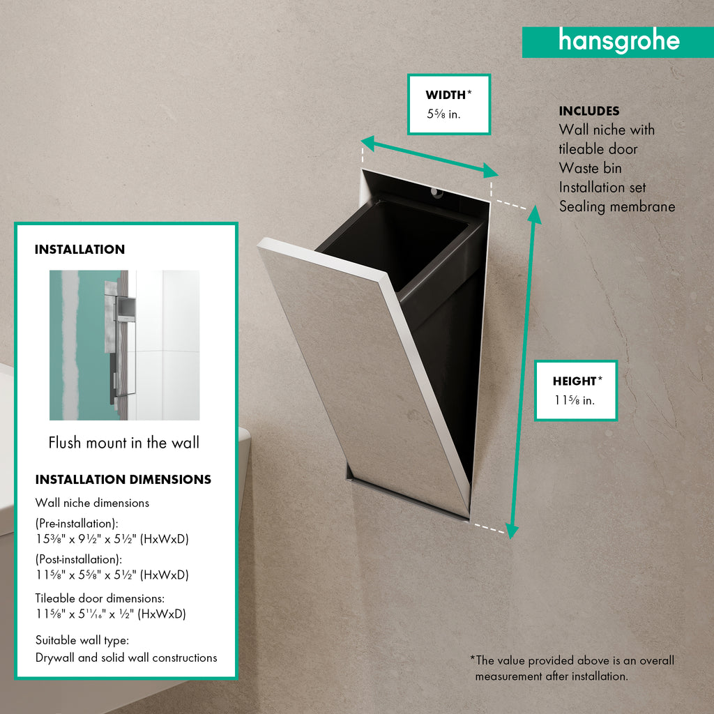 HANSGROHE 56063700 XtraStoris Rock Recessed Trash Bin with Shelf & Tileable Door - Matte White