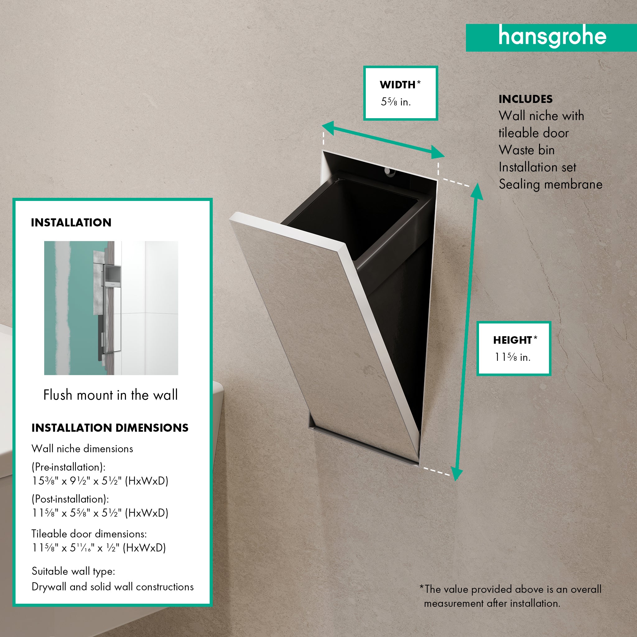 HANSGROHE 56063700 XtraStoris Rock Recessed Trash Bin with Shelf & Tileable Door - Matte White