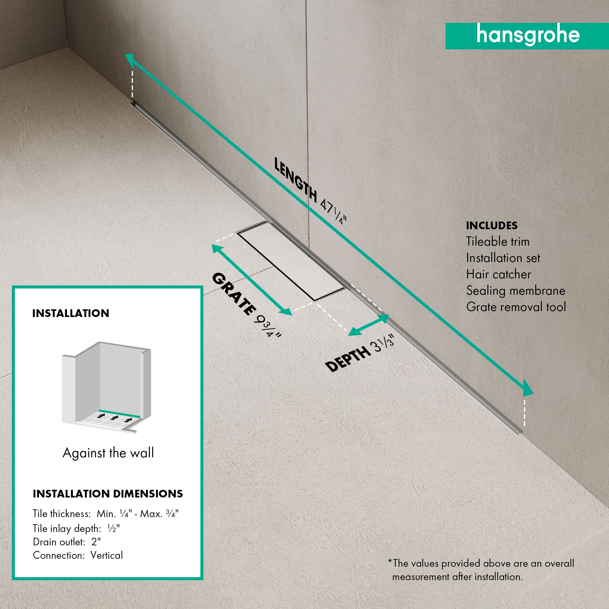 HANSGROHE 56223001 RainDrain Minimalistic Complete Set 2", 47 1/4" Trim and Installation Set - Brushed Stainless Steel
