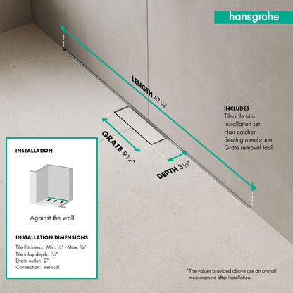 HANSGROHE 56223001 RainDrain Minimalistic Complete Set 2", 47 1/4" Trim and Installation Set - Brushed Stainless Steel