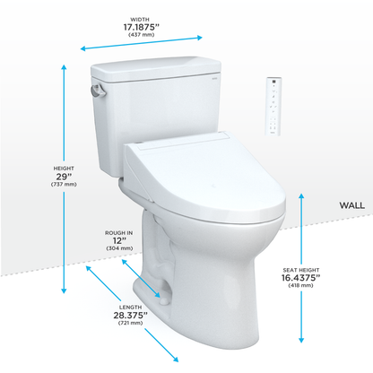 TOTO MW7763084CEG#01 Drake Washlet+ Two-Piece Elongated 1.28 Gpf Tornado Flush Toilet With C5 Bidet Seat - Cotton White