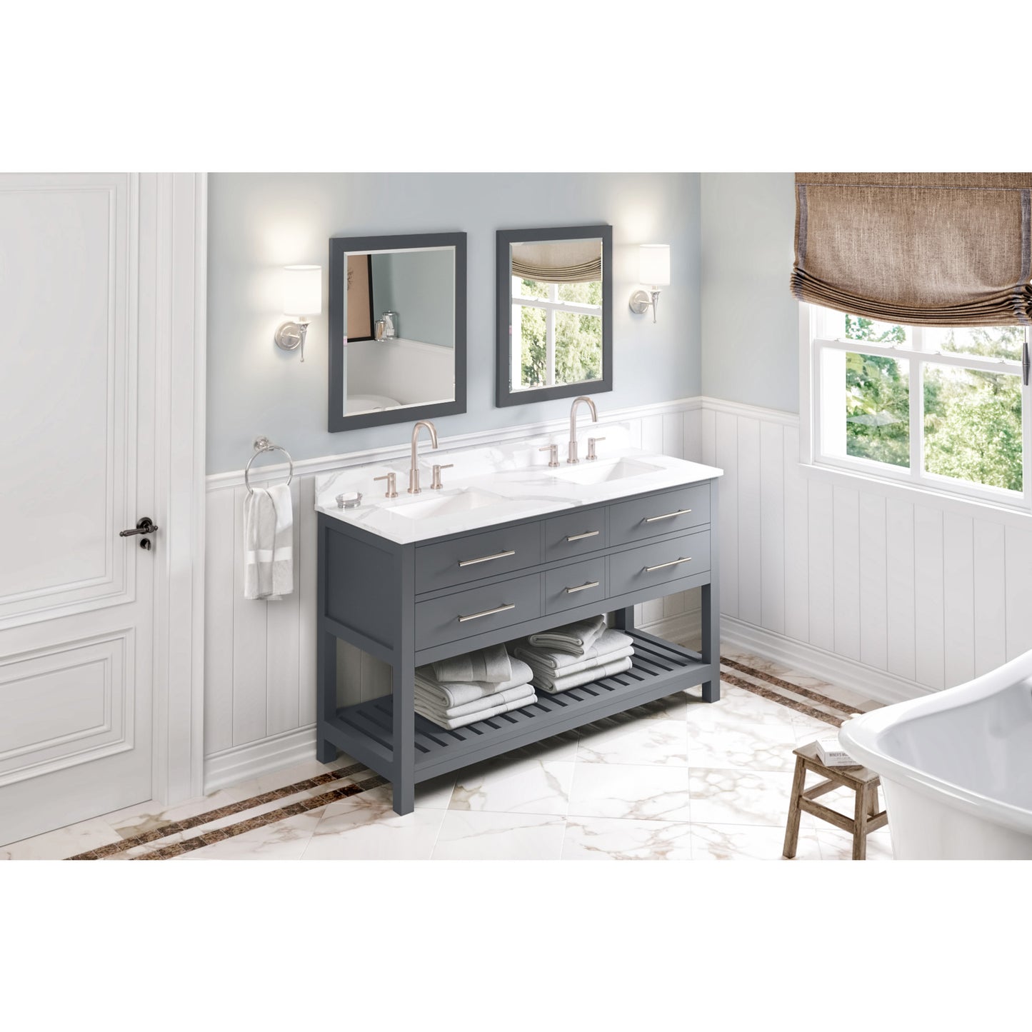 JEFFREY ALEXANDER VKITWAV60GRCQR 60" Grey Wavecrest Vanity, double bowl, Calacatta Vienna Quartz Vanity Top, two undermount rectangle bowls , Grey