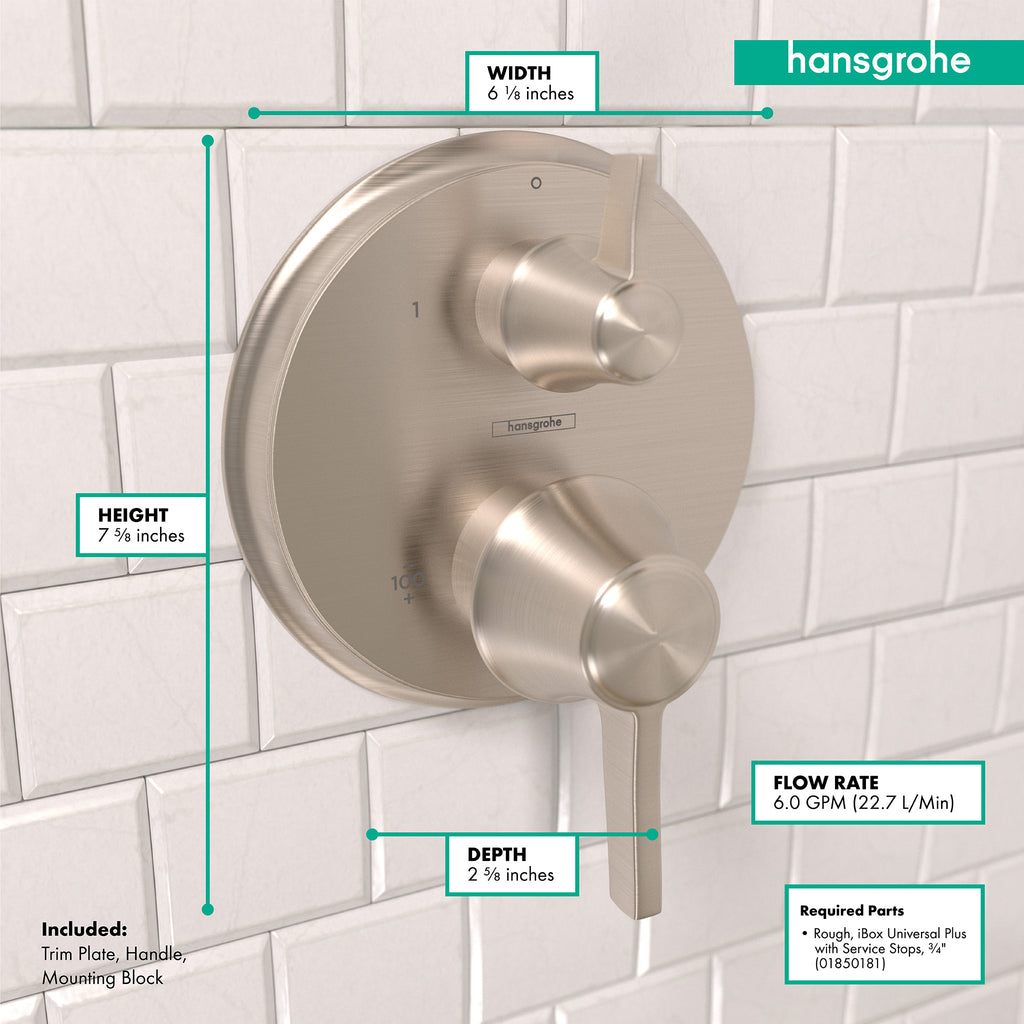 HANSGROHE 15752821 Ecostat Classic Thermostatic Trim with Volume Control, Round - Brushed Nickel