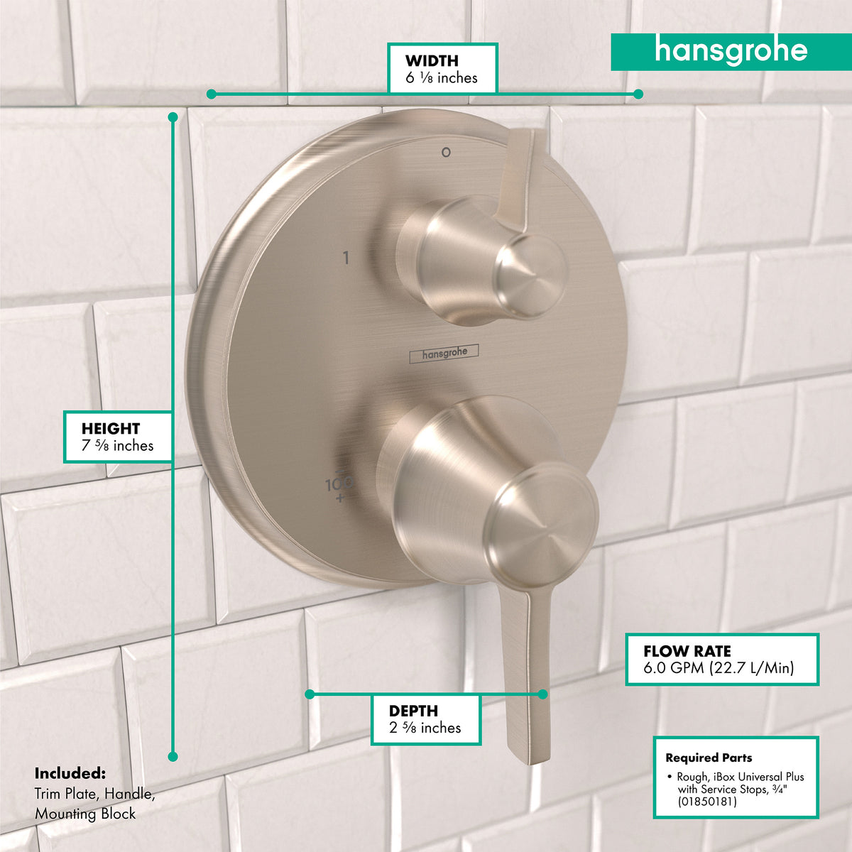 HANSGROHE 15752821 Ecostat Classic Thermostatic Trim with Volume Control, Round - Brushed Nickel