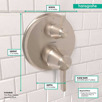 HANSGROHE 15752821 Ecostat Classic Thermostatic Trim with Volume Control, Round - Brushed Nickel