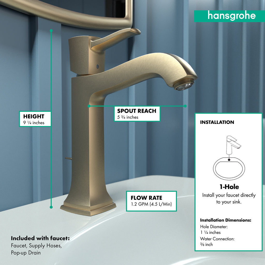 HANSGROHE 31302141 Metropol Classic Single-Hole Faucet 160 with Pop-Up Drain, 1.2 GPM - Brushed Bronze