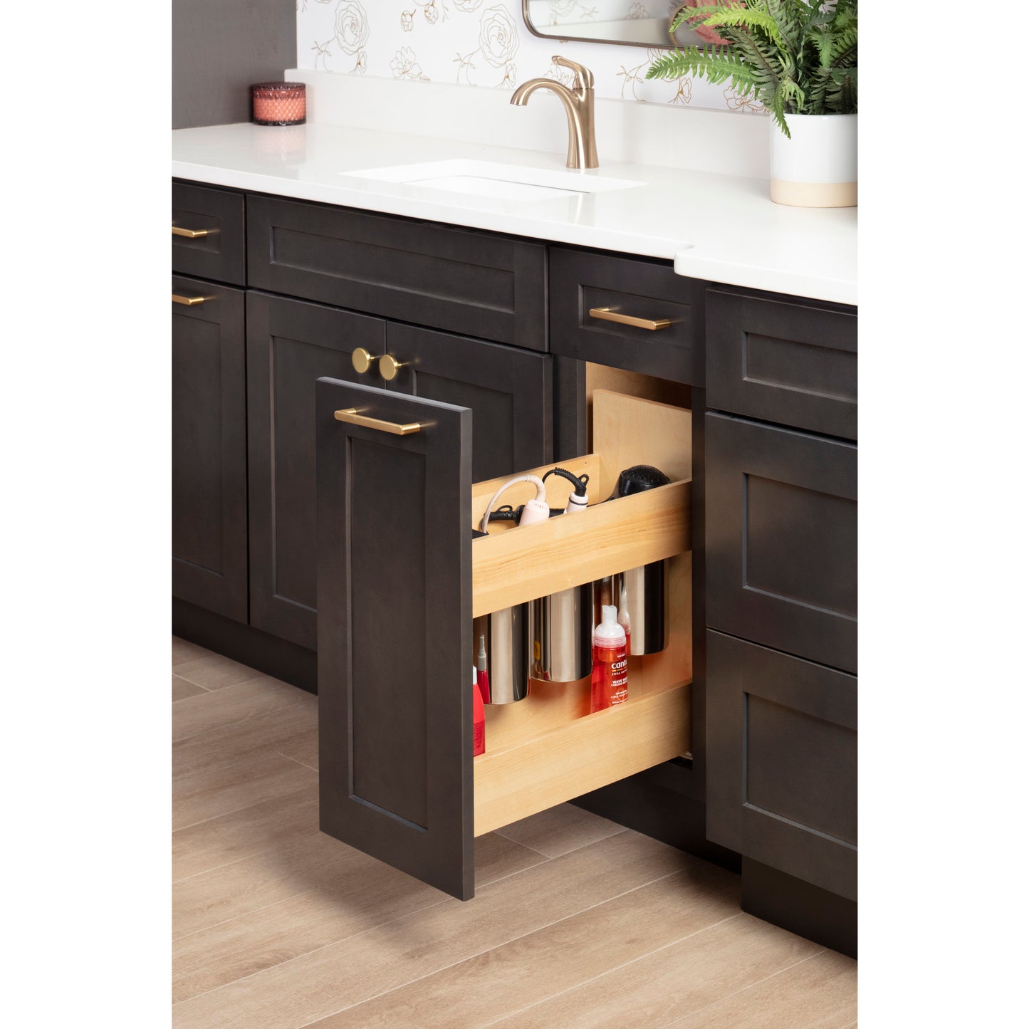 HARDWARE RESOURCES PVBPOD8-SC 8" "No Wiggle" Powered Vanity Pullout for 12" Standard Door/Drawer Base Cabinet - UV Coated