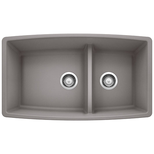 BLANCO 441309 Performa Performa SILGRANIT 33" 60/40 Double Bowl Undermount Kitchen Sink with Low Divide - Metallic Gray in Metallic Gray