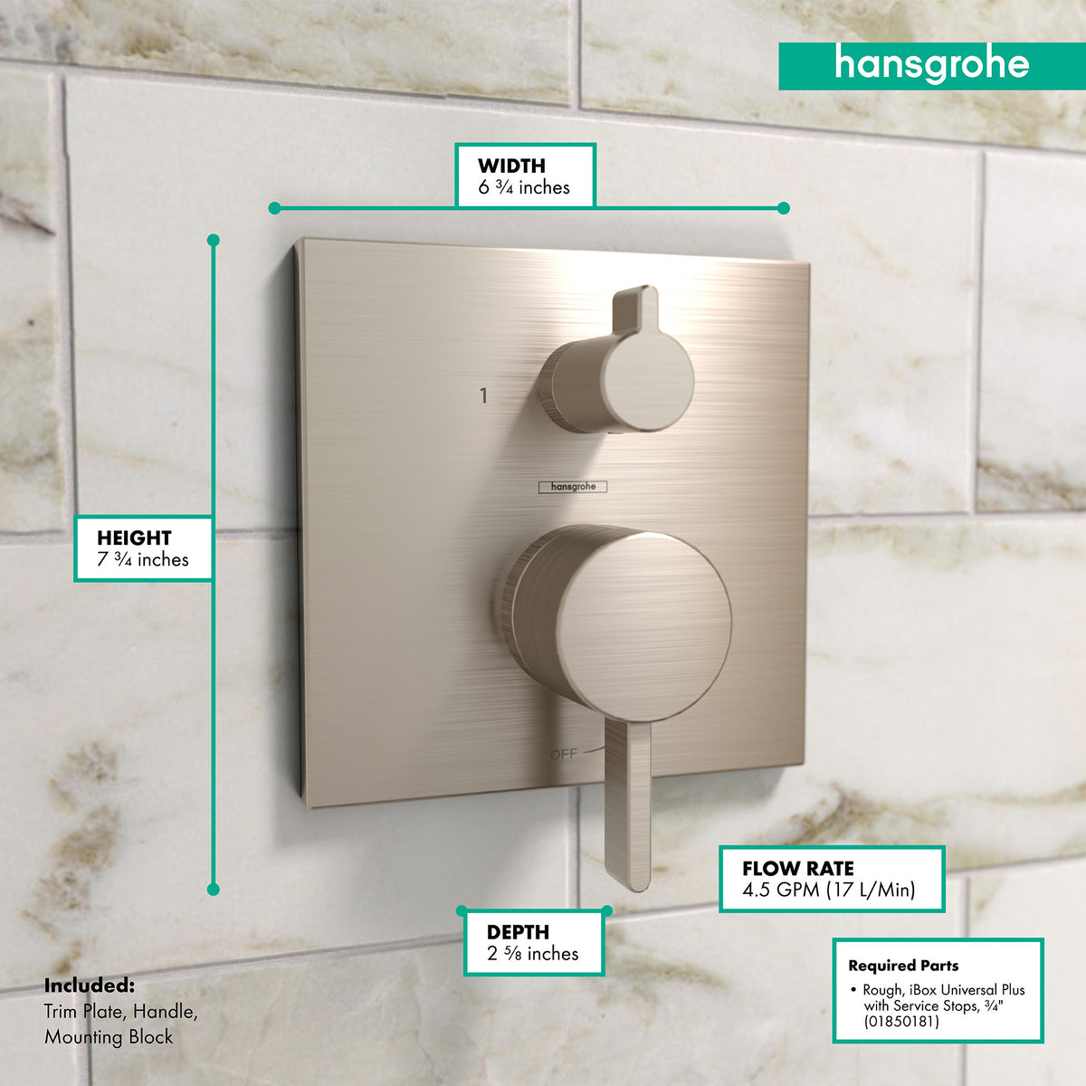 HANSGROHE 15862821 Ecostat Pressure Balance Trim Square with Diverter - Brushed Nickel