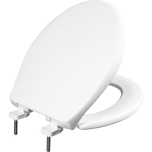 Bemis Round Hospitality Plastic Toilet Seat in White with STA-TITE Commercial Fastening System, Whisper•Close Hinge, DuraGuard Super Grip Bumpers