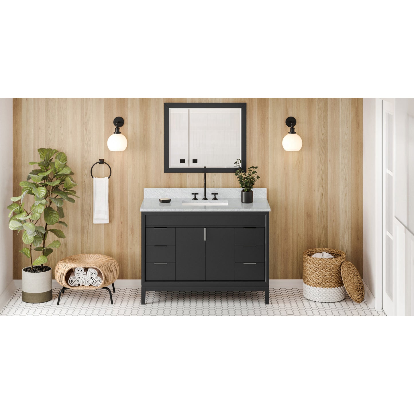 JEFFREY ALEXANDER VKITTHE48BKWCR 48" Black Theodora Vanity, White Carrara Marble Vanity Top, undermount rectangle bowl , Black