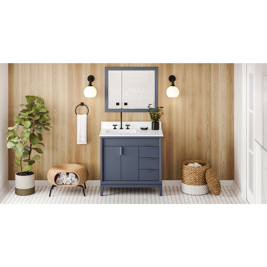 JEFFREY ALEXANDER VKITTHE36BSWQR 36" Blue Steel Theodora Vanity, left offset, White Quartz Vanity Top, undermount rectangle bowl - Blue Steel