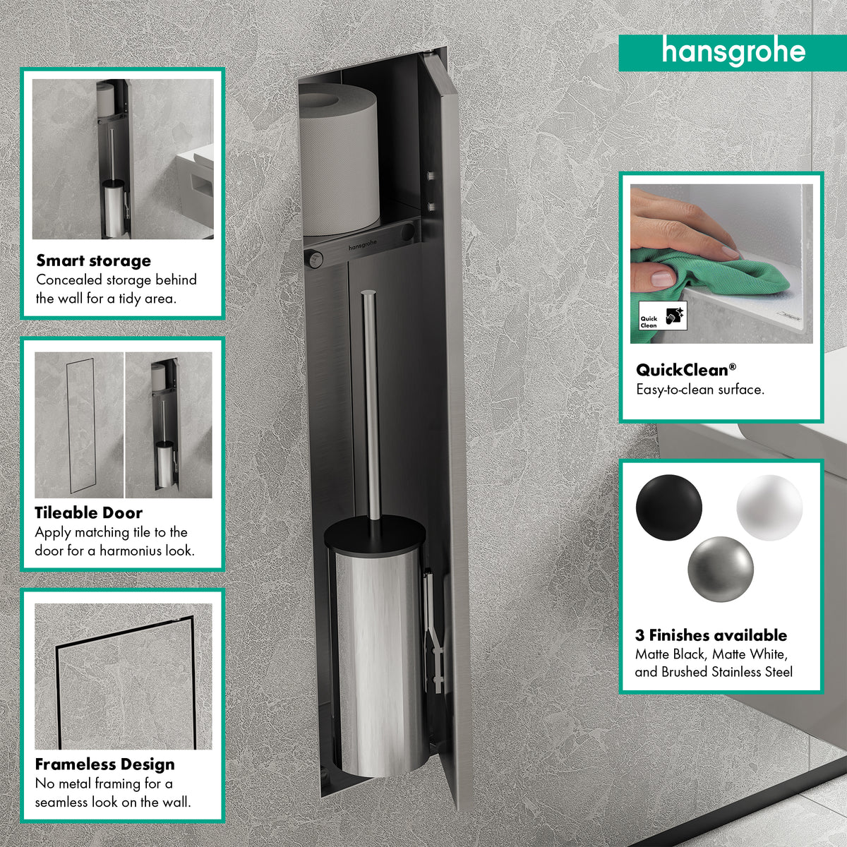 HANSGROHE 56060800 XtraStoris Rock Recessed Toilet Brush Holder with Shelf & Tileable Door - Brushed Stainless Steel