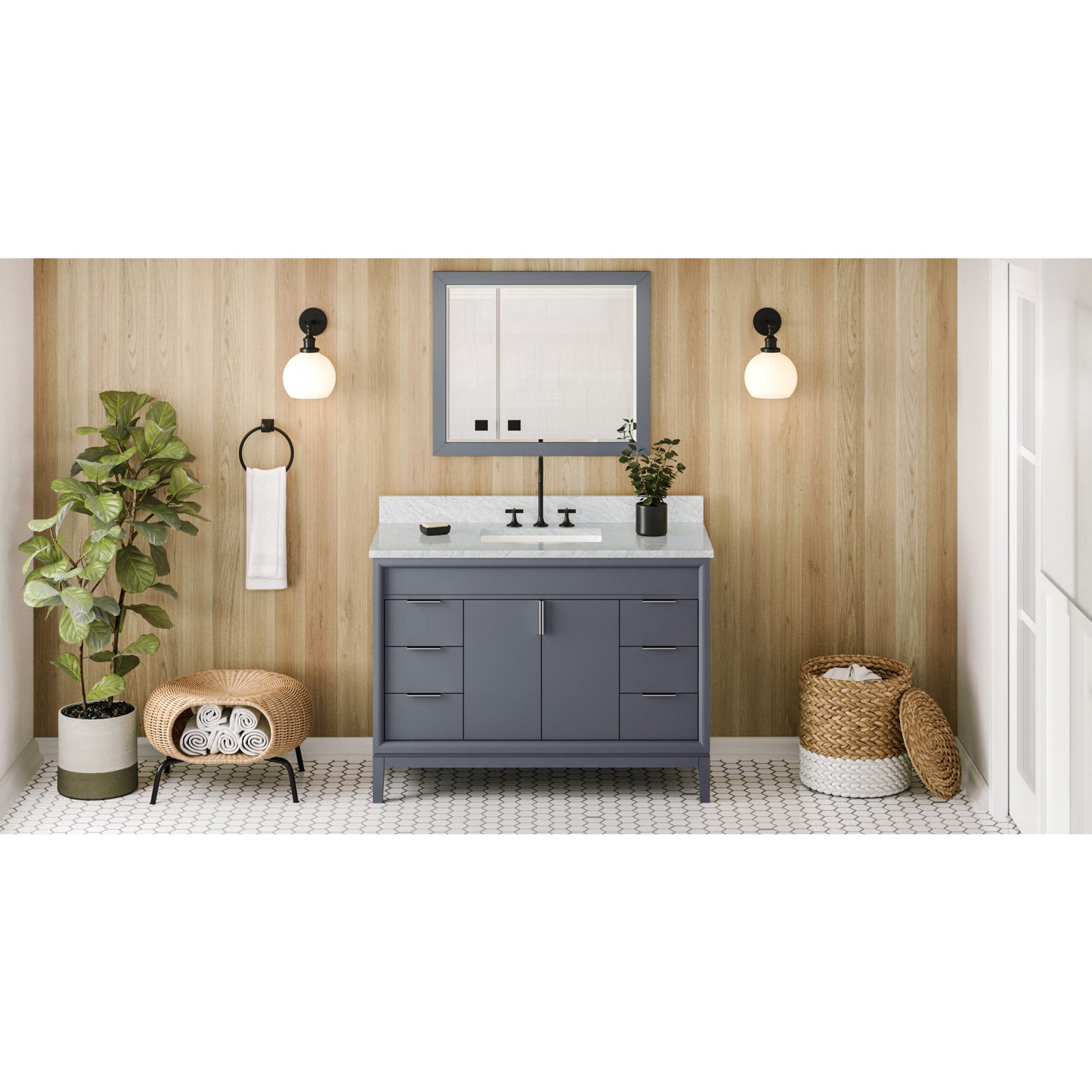 JEFFREY ALEXANDER VKITTHE48BSWCR 48" Blue Steel Theodora Vanity, White Carrara Marble Vanity Top, undermount rectangle bowl , Blue Steel