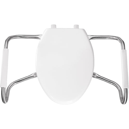 Bemis Elongated Open Front With Cover Medic-Aid Plastic Toilet Seat in White with STA-TITE Commercial Fastening System, DuraGuard and Stainless Steel Safety Side Arms