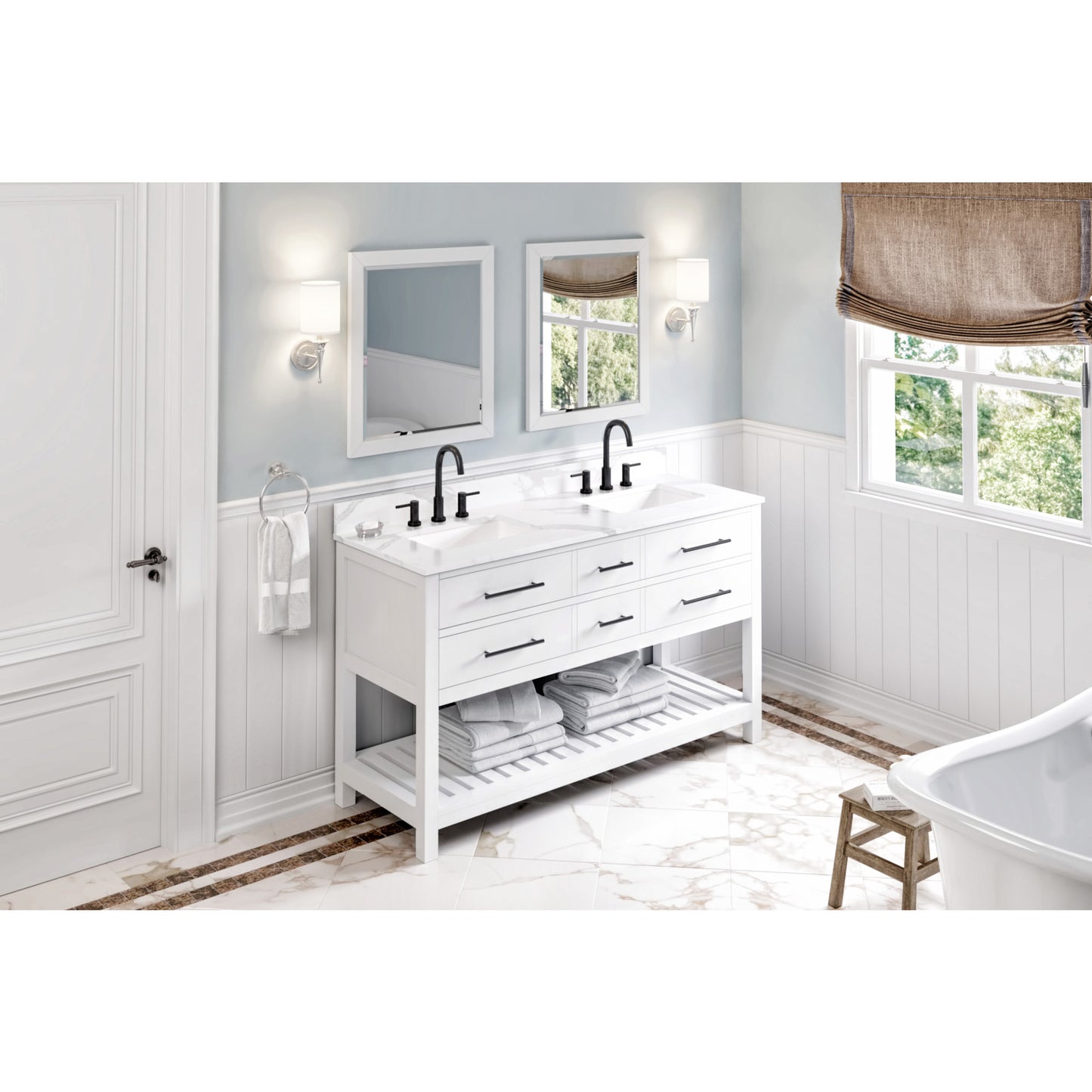 JEFFREY ALEXANDER VKITWAV60WHCQR 60" White Wavecrest Vanity, double bowl, Calacatta Vienna Quartz Vanity Top, two undermount rectangle bowls , White