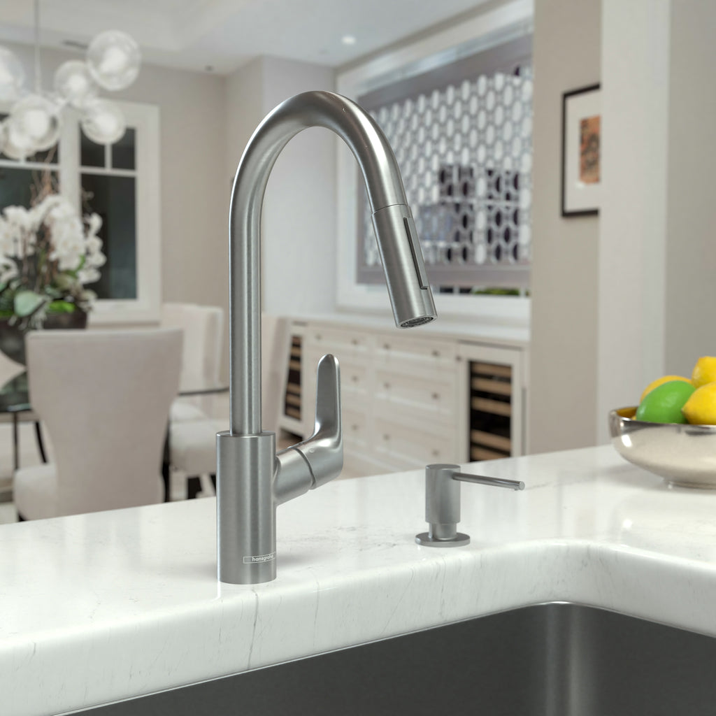 HANSGROHE 04505800 Focus HighArc Kitchen Faucet, 2-Spray Pull-Down, 1.75 GPM - Stainless Steel Optic