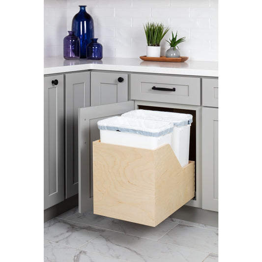 HARDWARE RESOURCES CAN-WBMD35WH Double 35 Quart Wood Bottom-Mount Soft-close Trashcan Rollout for Hinged Doors, Includes Two White Cans - White