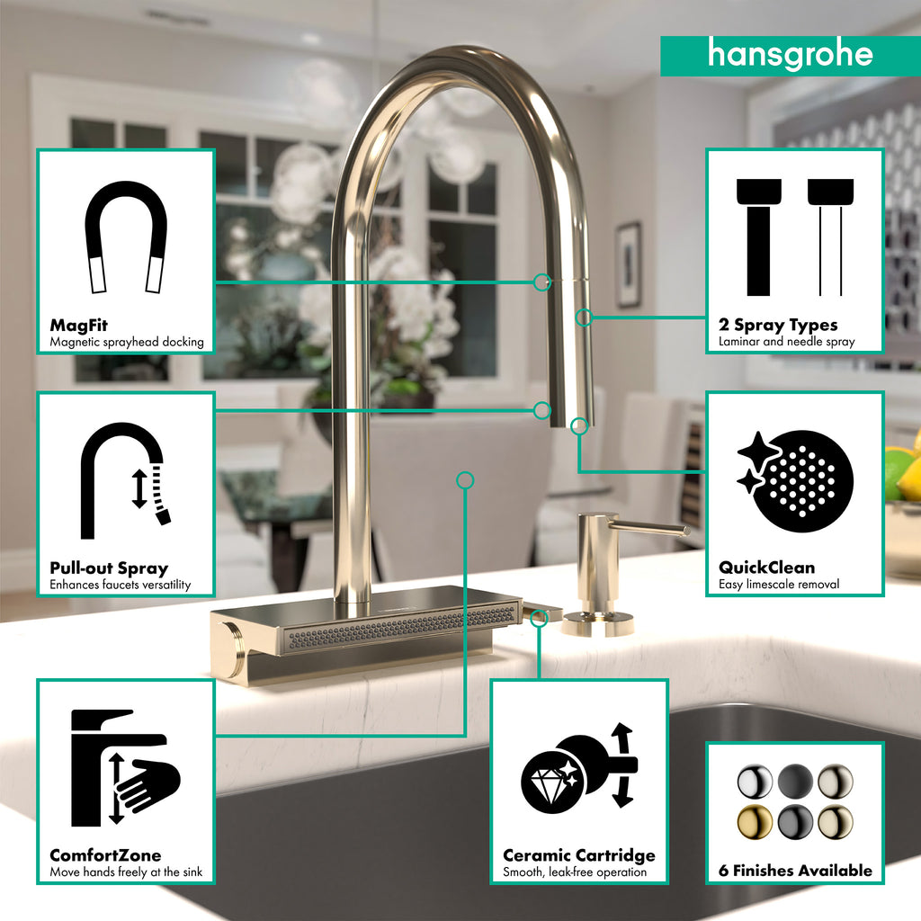 HANSGROHE 73837831 Aquno Select HighArc Kitchen Faucet, 3-Spray Pull-Down, 1.75 GPM - Polished Nickel