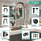 HANSGROHE 73837831 Aquno Select HighArc Kitchen Faucet, 3-Spray Pull-Down, 1.75 GPM - Polished Nickel