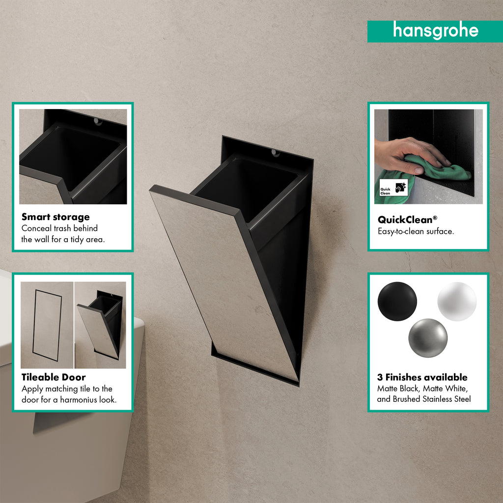 HANSGROHE 56063670 XtraStoris Rock Recessed Trash Bin with Shelf & Tileable Door - Matte Black