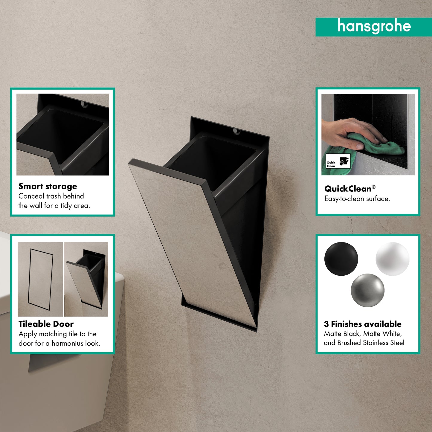 HANSGROHE 56063670 XtraStoris Rock Recessed Trash Bin with Shelf & Tileable Door - Matte Black