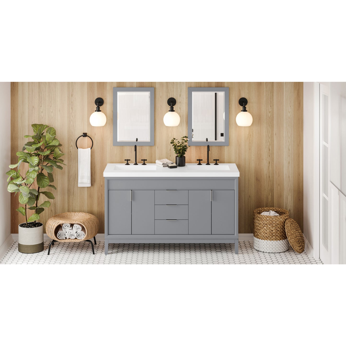 JEFFREY ALEXANDER VKITTHE60GRLAR 60" Grey Theodora Vanity, double bowl, Lavante Cultured Marble Vessel Vanity Top, double integrated rectangle bowls , Grey