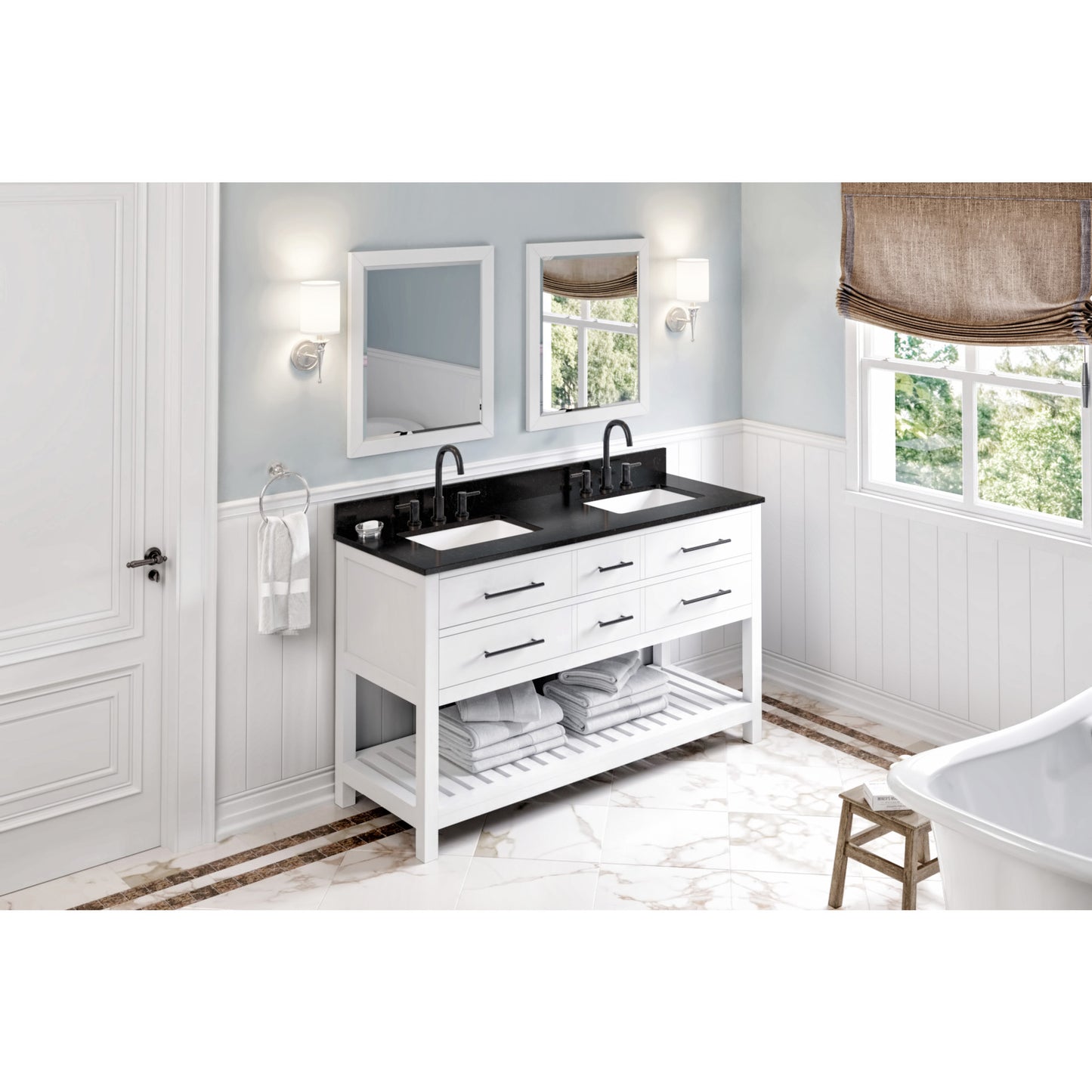 JEFFREY ALEXANDER VKITWAV60WHBGR 60" White Wavecrest Vanity, double bowl, Black Granite Vanity Top, two undermount rectangle bowls , White