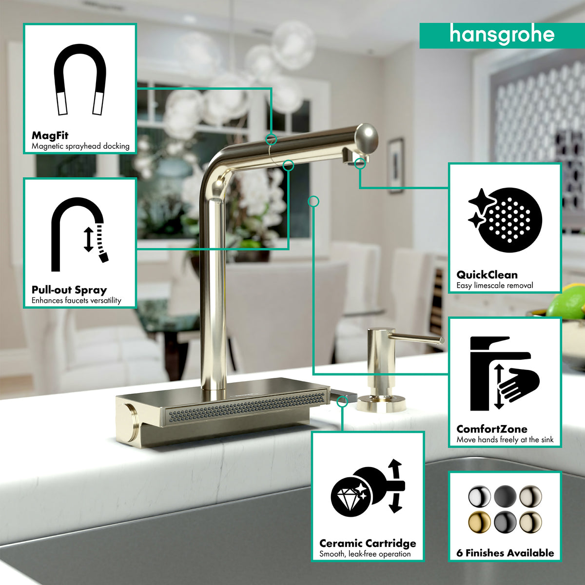 HANSGROHE 73836831 Aquno Select Kitchen Faucet, 2-Spray Pull-Out, 1.75 GPM - Polished Nickel