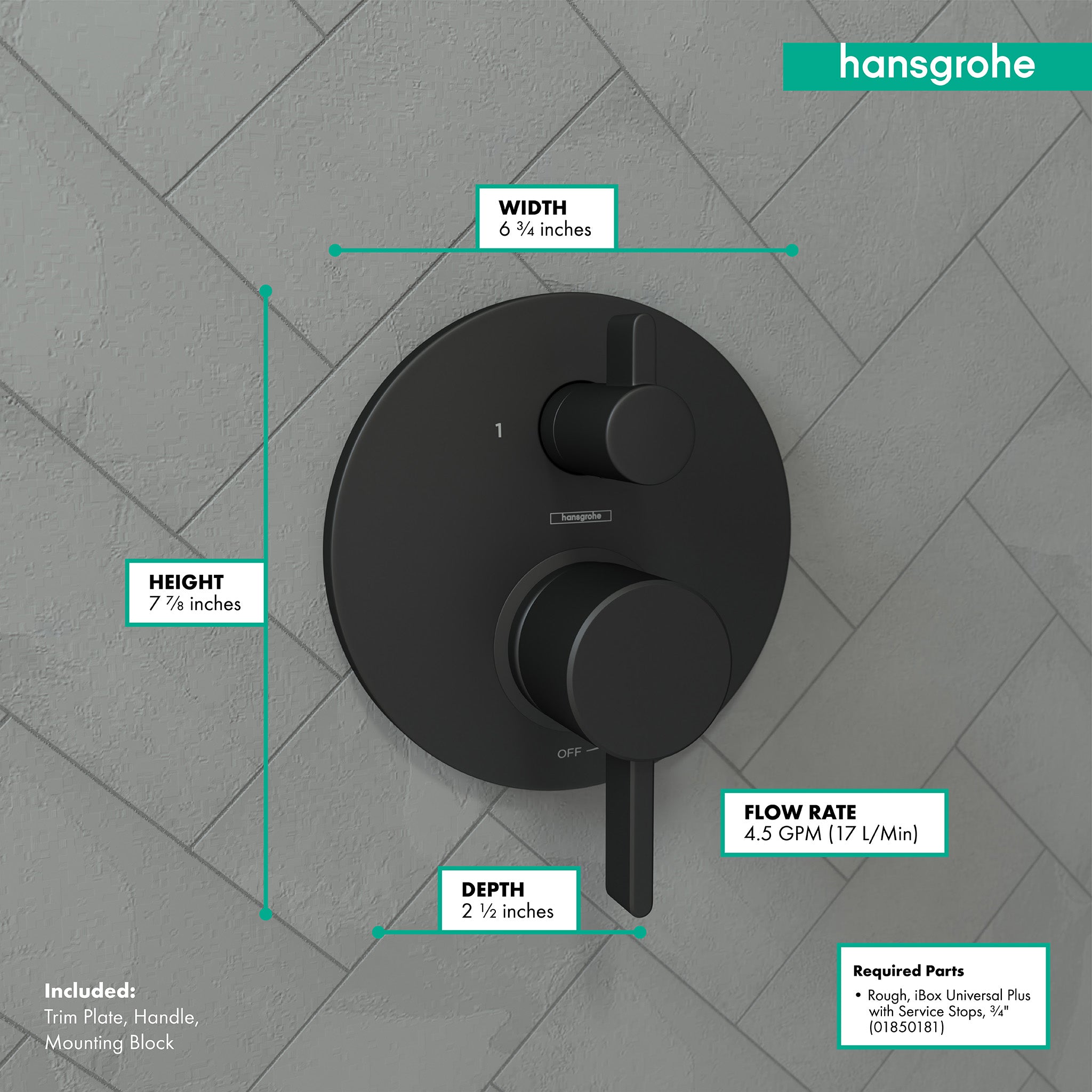 HANSGROHE 04447670 Ecostat Pressure Balance Trim S with Diverter - Matte Black