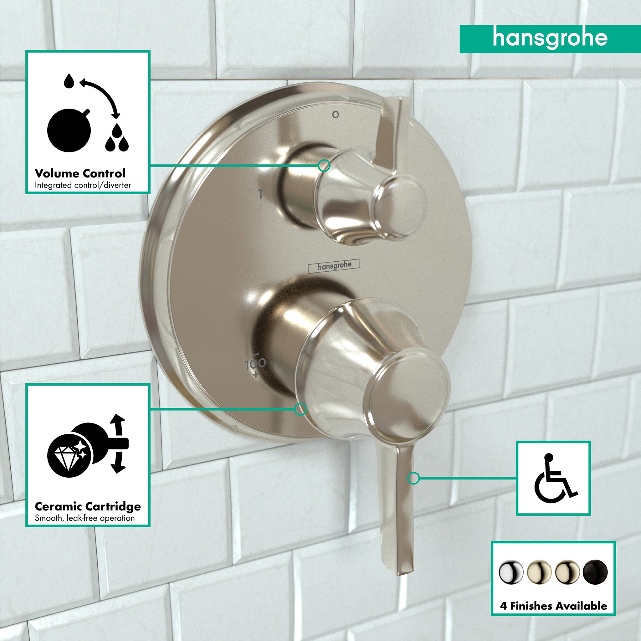 HANSGROHE 15753831 Ecostat Classic Thermostatic Trim with Volume Control and Diverter, Round - Polished Nickel