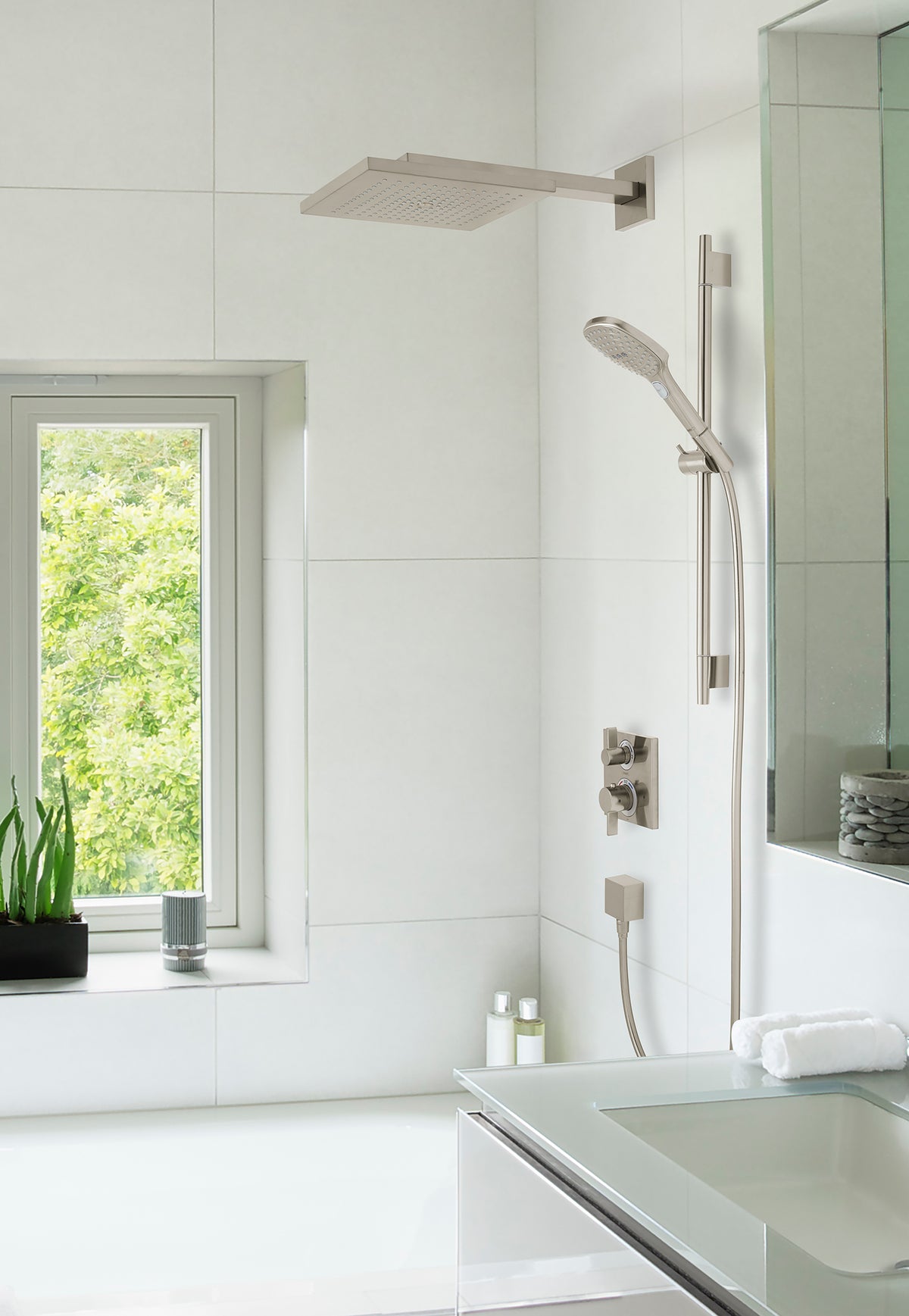 HANSGROHE 04914820 Raindance E Thermostatic Showerhead/Wallbar Set with Rough, 2.0 GPM - Brushed Nickel