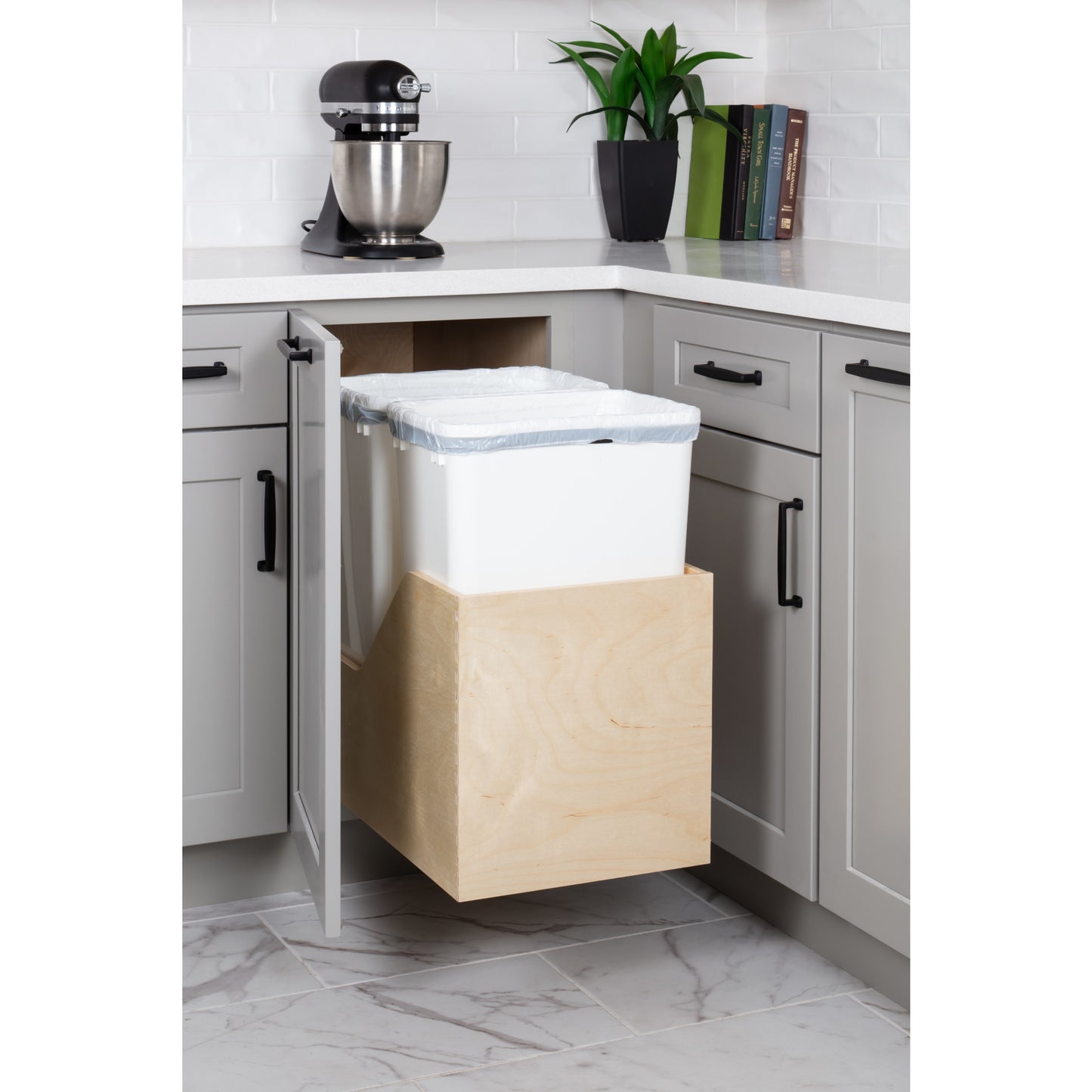 HARDWARE RESOURCES CAN-WBMD50WH Double 50 Quart Wood Bottom-Mount Soft-close Trashcan Rollout for Hinged Doors, Includes Two White Cans - White