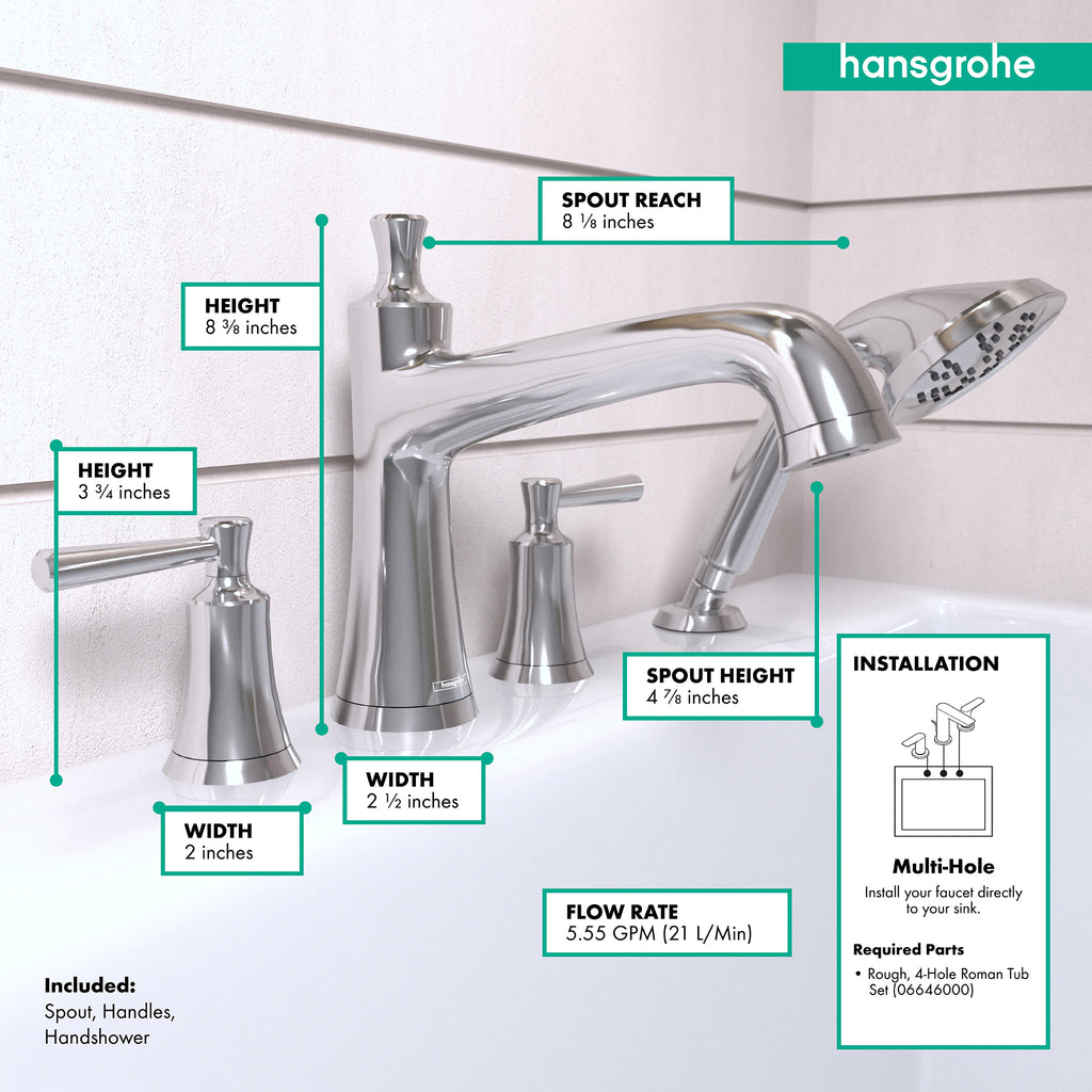 HANSGROHE 04777000 Joleena 4-Hole Roman Tub Set Trim with 1.75 GPM Handshower - Chrome
