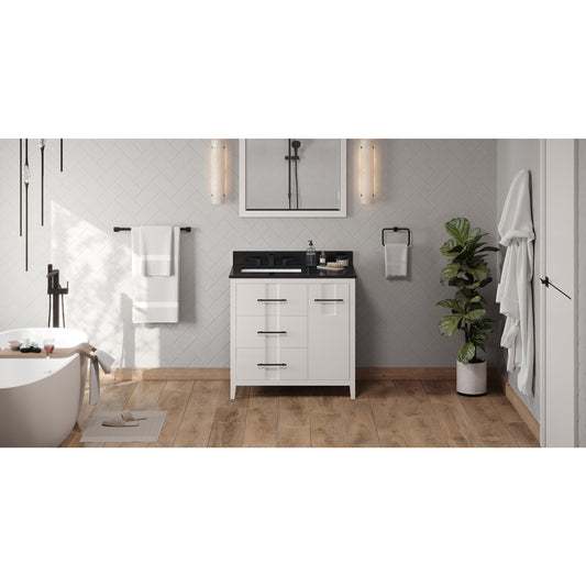 JEFFREY ALEXANDER VKITKAT36WHBGR 36" White Katara Vanity, left offset, Black Granite Vanity Top, undermount rectangle bowl - White