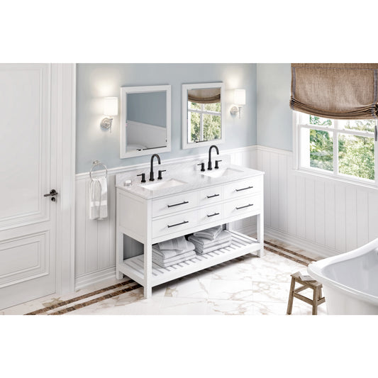 JEFFREY ALEXANDER VKITWAV60WHWCR 60" White Wavecrest Vanity, double bowl, White Carrara Marble Vanity Top, two undermount rectangle bowls , White