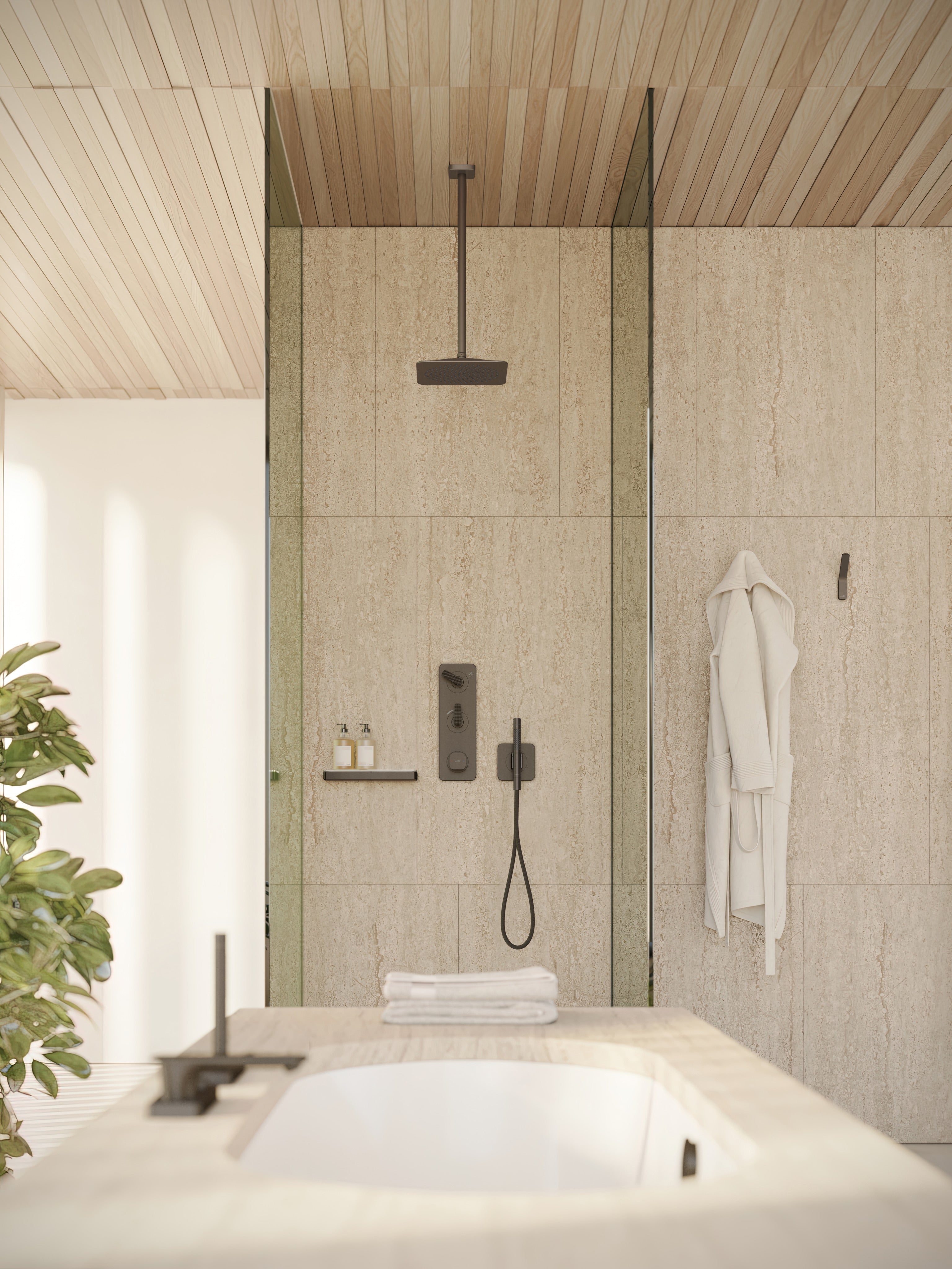 AXOR 49626341 Citterio C Handshower Holder Softsquare with Outlet 5"x5" with Handshower and Textile Hose, 2.5 GPM - Brushed Black Chrome
