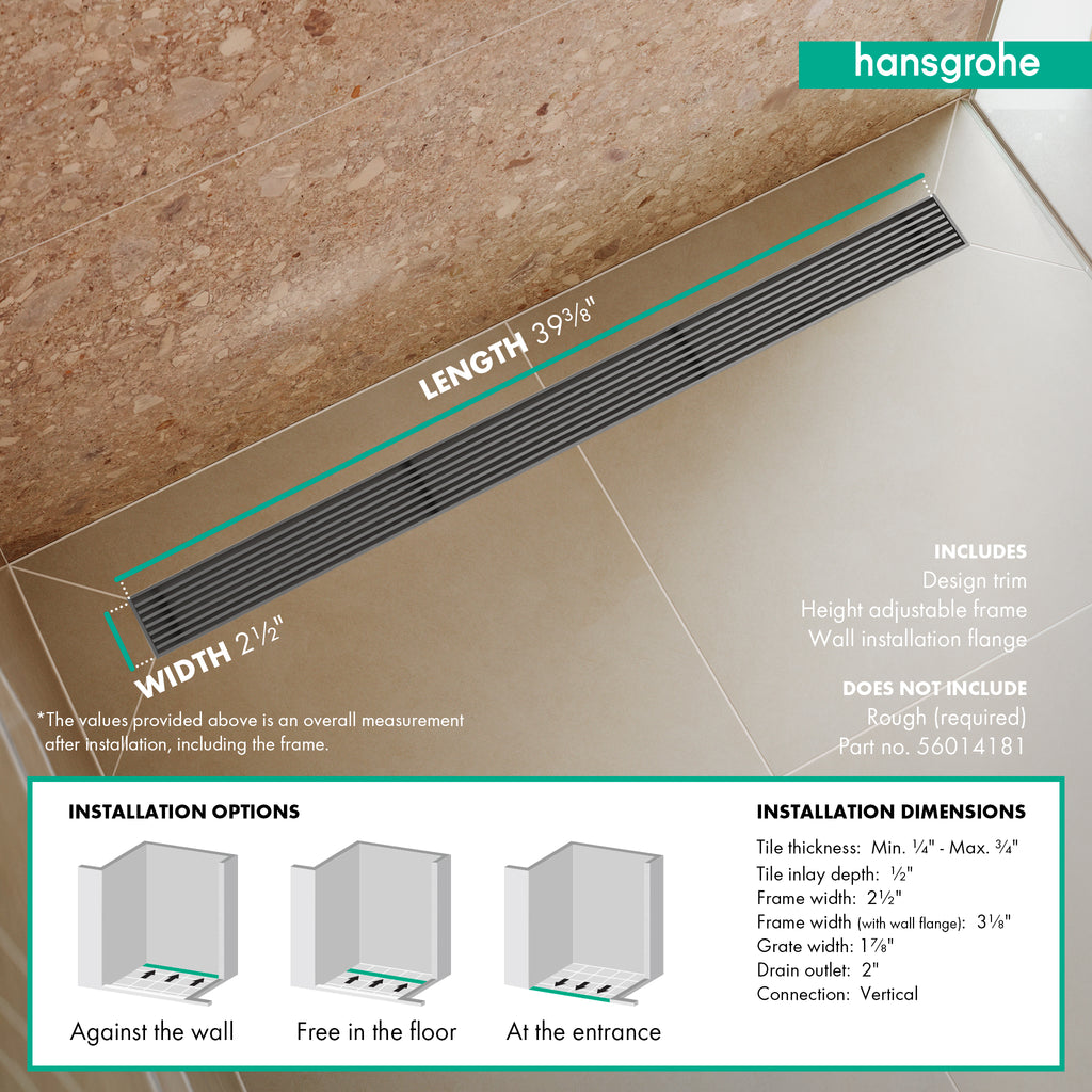 HANSGROHE 56123801 RainDrain Match Boardwalk Trim Boardwalk 39 3/8" with Height Adjustable Frame - Brushed Stainless Steel