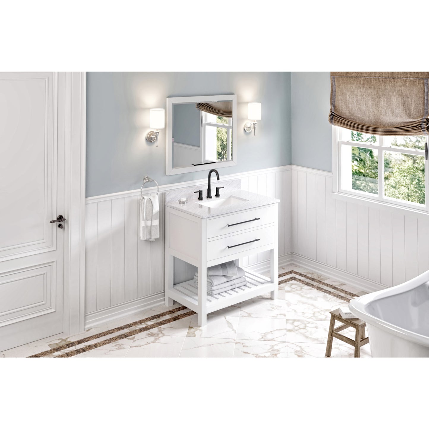 JEFFREY ALEXANDER VKITWAV36WHWCR 36" White Wavecrest Vanity, White Carrara Marble Vanity Top, undermount rectangle bowl - White