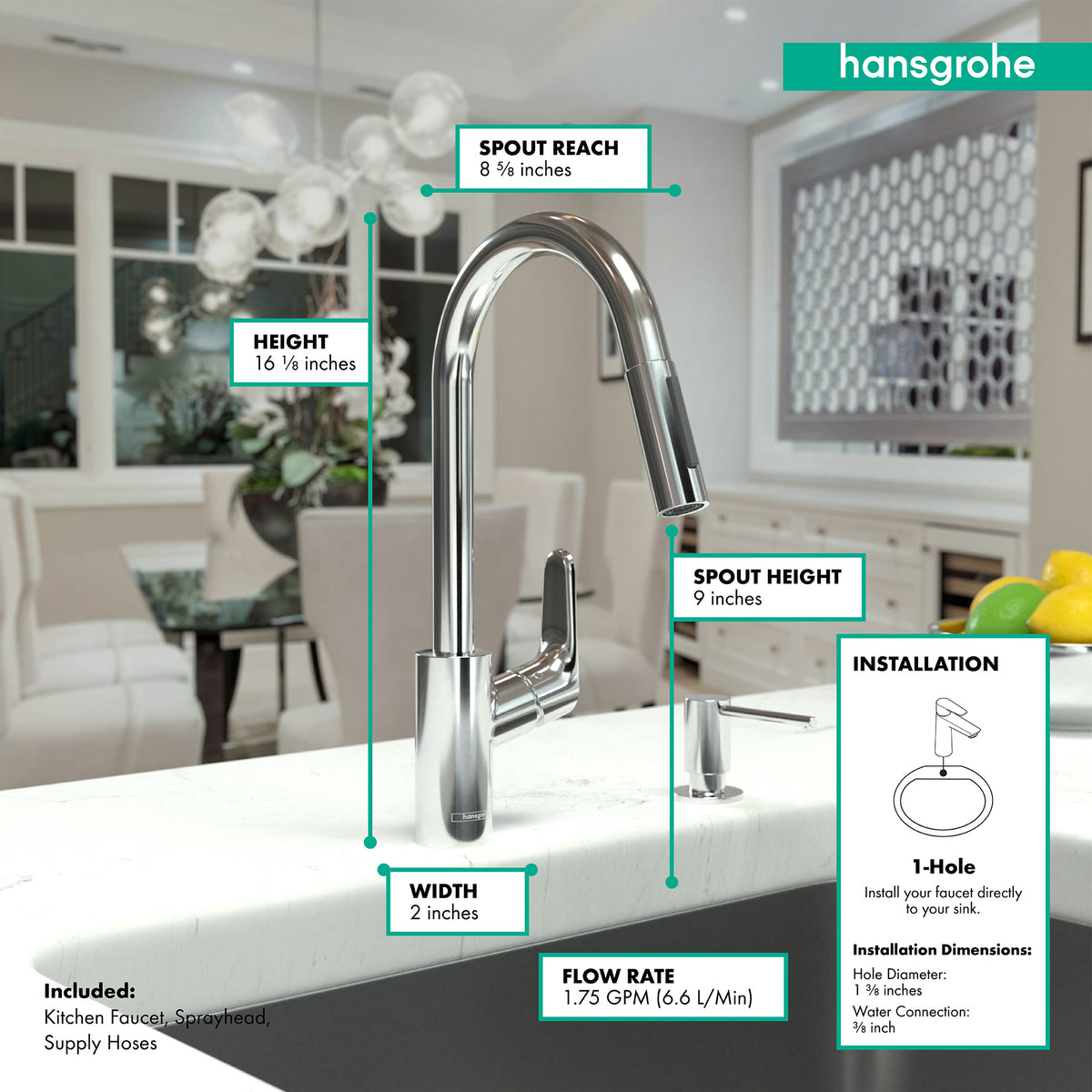 HANSGROHE 04505000 Focus HighArc Kitchen Faucet, 2-Spray Pull-Down, 1.75 GPM - Chrome